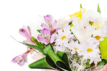 Image showing fragment of colorful bouquet of roses, lilies and orchids arrang