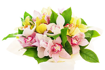 Image showing colorful flower bouquet from orchids arrangement centerpiece in 