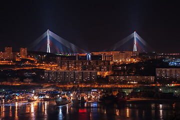 Image showing night view of the longest cable-stayed bridge in the world in th