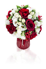 Image showing colorful flower bouquet arrangement centerpiece in red vase isol