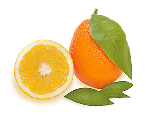 Image showing fresh ripe orange fruits with cut and green leaves isolated on w