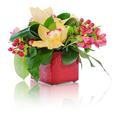 Image showing colorful floral bouquet of roses, cloves and orchids arrangement