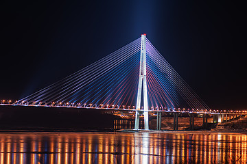 Image showing night view of the longest cable-stayed bridge in the world in th