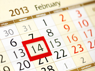 Image showing calendar page with red frame on February 14 2013