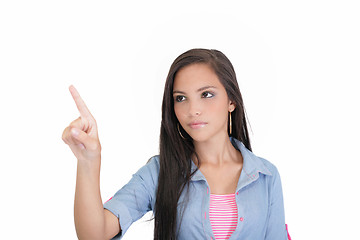 Image showing Portrait of young business woman pointing at white background