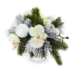 Image showing Christmas arrangement of Christmas balls, orchids, snowflakes, b