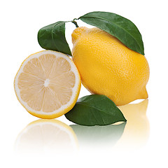 Image showing fresh lemon citrus with cut and green leaves isolated on white b