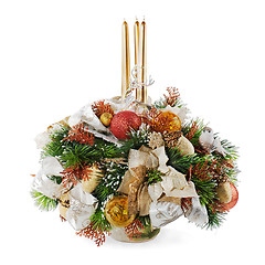 Image showing Christmas arrangement of Christmas balls, snowflakes, candles , 