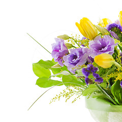 Image showing fragment of colorful bouquet of roses, tulips and freesia isolat