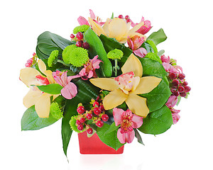 Image showing colorful floral bouquet of roses, cloves and orchids arrangement