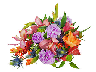 Image showing colorful floral bouquet of roses,cloves and orchids isolated on 