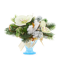 Image showing Christmas arrangement of Christmas balls, orchids, snowflakes, beads and pine branches isolated on white background