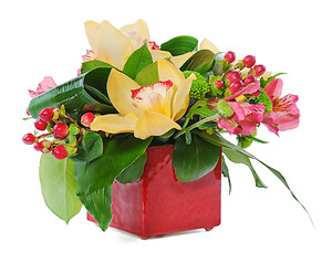 Image showing colorful floral bouquet of roses, cloves and orchids arrangement