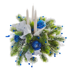 Image showing Christmas arrangement of Christmas balls, snowflakes, candles , 