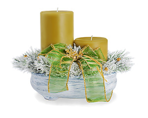 Image showing Christmas composition of two candles, ornaments and pine branche