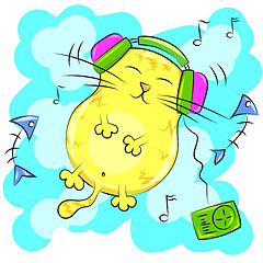 Image showing yellow fat cat listening to music on headphones