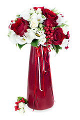 Image showing colorful flower bouquet arrangement centerpiece in red vase isol