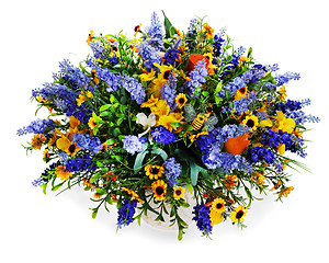 Image showing colorful floral bouquet of lilies, sunflowers and irises centerp