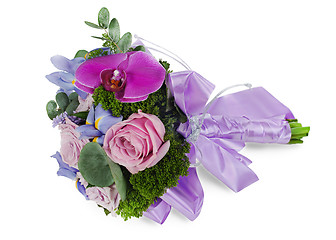 Image showing colorful flower wedding bouquet for bride from roses, iris and  