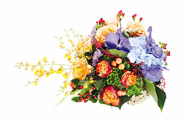 Image showing colorful floral  bouquet of roses, lilies, freesia, orchids and 