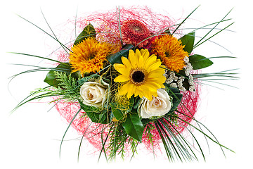 Image showing colorful floral bouquet of roses and sunflowers isolated on whit