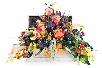 Image showing colorful floral arrangement of roses, lilies, freesia and irises