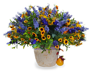 Image showing colorful floral bouquet of lilies, sunflowers and irises centerp