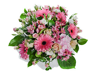 Image showing colorful floral bouquet of roses, lilies and orchids isolated on