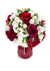 Image showing colorful flower bouquet arrangement centerpiece in red vase isol