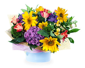 Image showing  colorful floral bouquet of roses, lilies, sunflowers and irises