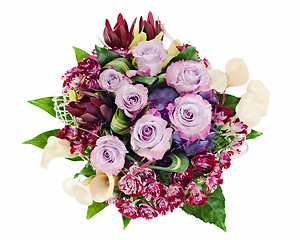 Image showing colorful floral bouquet of roses, lilies and orchids isolated on