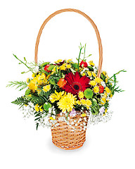 Image showing colorful flower bouquet arrangement centerpiece in a wicker gift