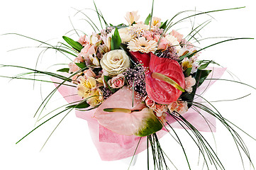 Image showing colorful floral bouquet of anthuriums, roses and orchids centerp