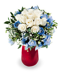 Image showing colorful floral bouquet from white roses and delphinium centerpi