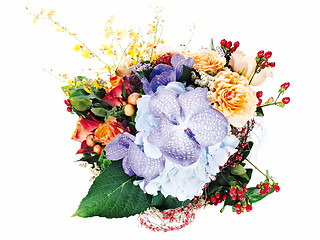 Image showing colorful floral arrangement of roses, lilies, freesia, orchids a