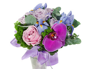 Image showing colorful flower wedding bouquet for bride from roses, iris and o