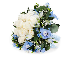 Image showing colorful floral bouquet from white roses and delphinium isolated