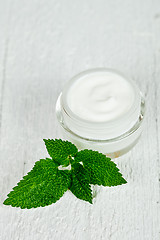 Image showing face cream in glass jar with green leaf of urtica