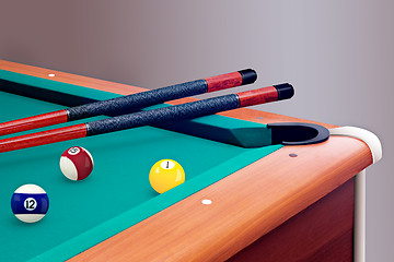 Image showing Green billiard table with balls and cues