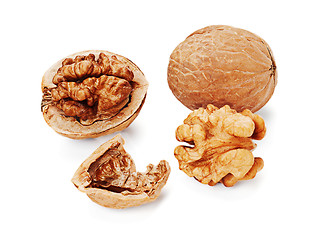 Image showing walnut and a cracked walnuts  isolated on the white background