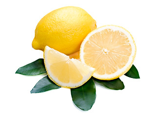 Image showing fresh lemon citrus with cut and green leaves isolated on white b