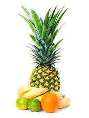 Image showing set of fruit: ananas, bananas, limes and orange isolated on whit