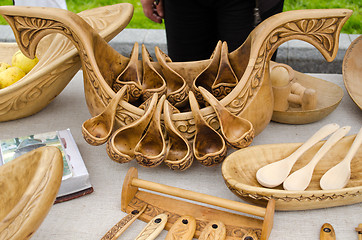 Image showing wooden ornate spoons set bowl of composition fairs 