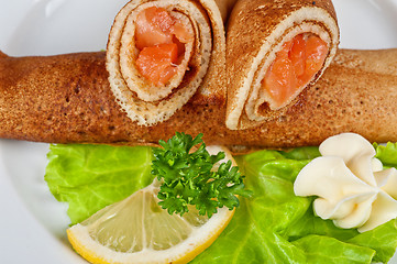 Image showing Pancakes with salmon