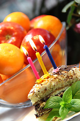 Image showing Birthday cake with burning candles