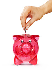 Image showing hand putting coin into piggy bank