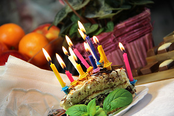 Image showing Birthday cake with burning candles