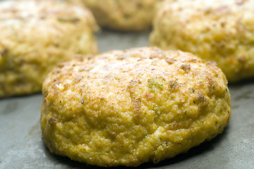 Image showing lobster cakes on baking pan