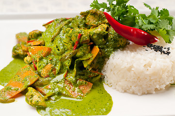 Image showing chicken with green curry vegetables and rice