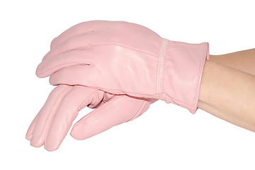 Image showing Woman's hands in pink leather gloves